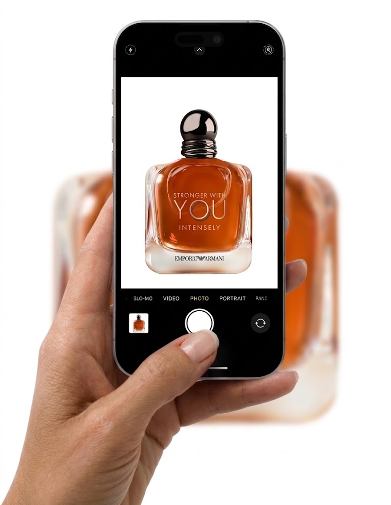 A phone scanning a fragrance bottle to begin authentication